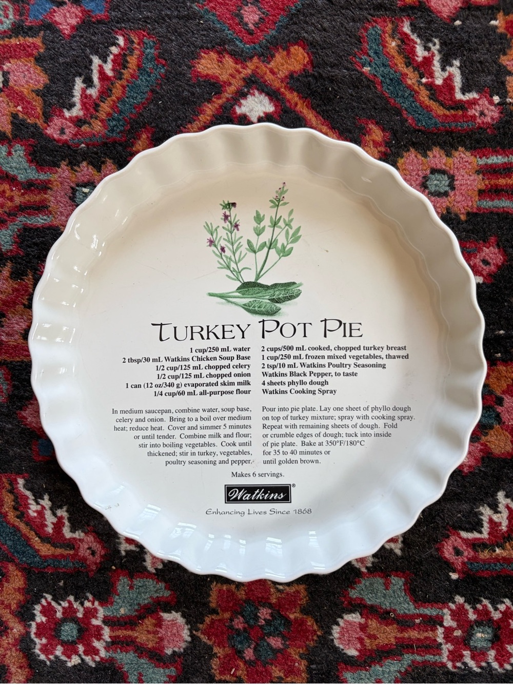 Vintage Watkins Turkey Pot Pie Scalloped Ceramic Pie Plate -
